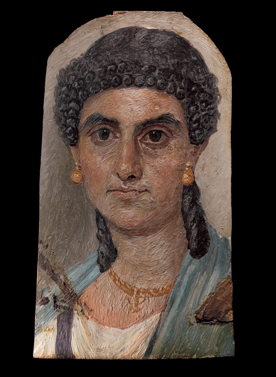 Panelmaleri av en kvinne i en blå kappe, 54-68 e.Kr. (enkaustisk på tre) av Roman Roman