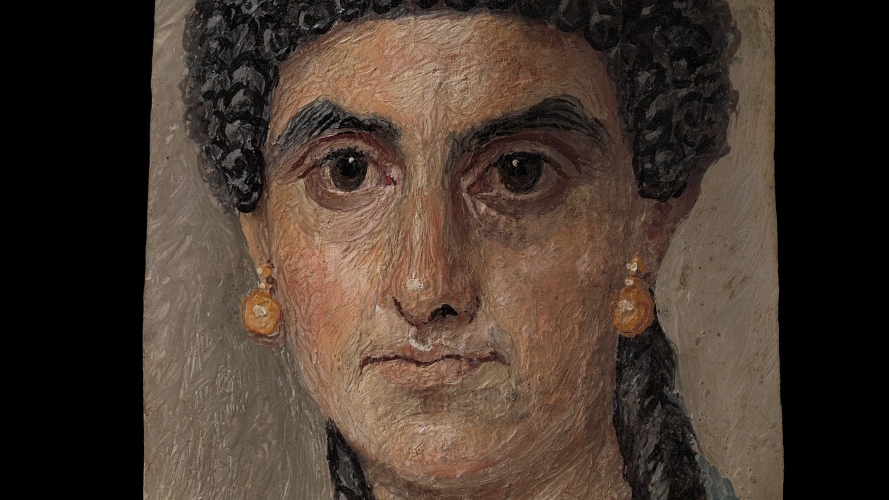 Panelmaleri av en kvinne i en blå kappe, 54-68 e.Kr. (enkaustisk på tre) av Roman Roman