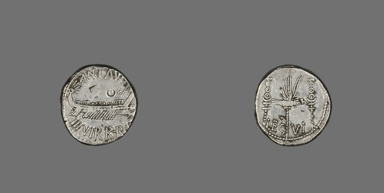 Denarius som skildrer en bysse, 31 f.Kr. (sølv) av Roman