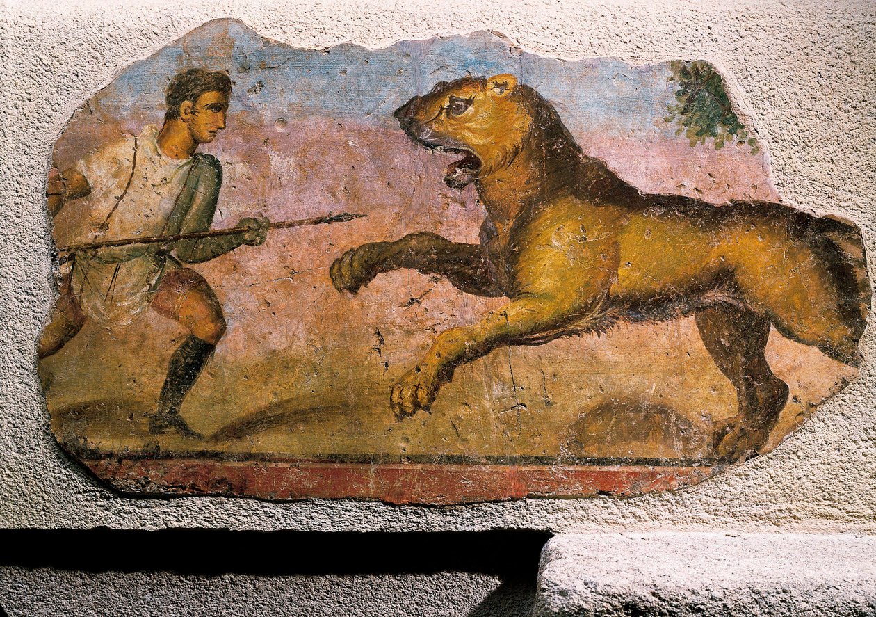 Gladiator som kjemper mot en løve (fresco) av Roman Roman