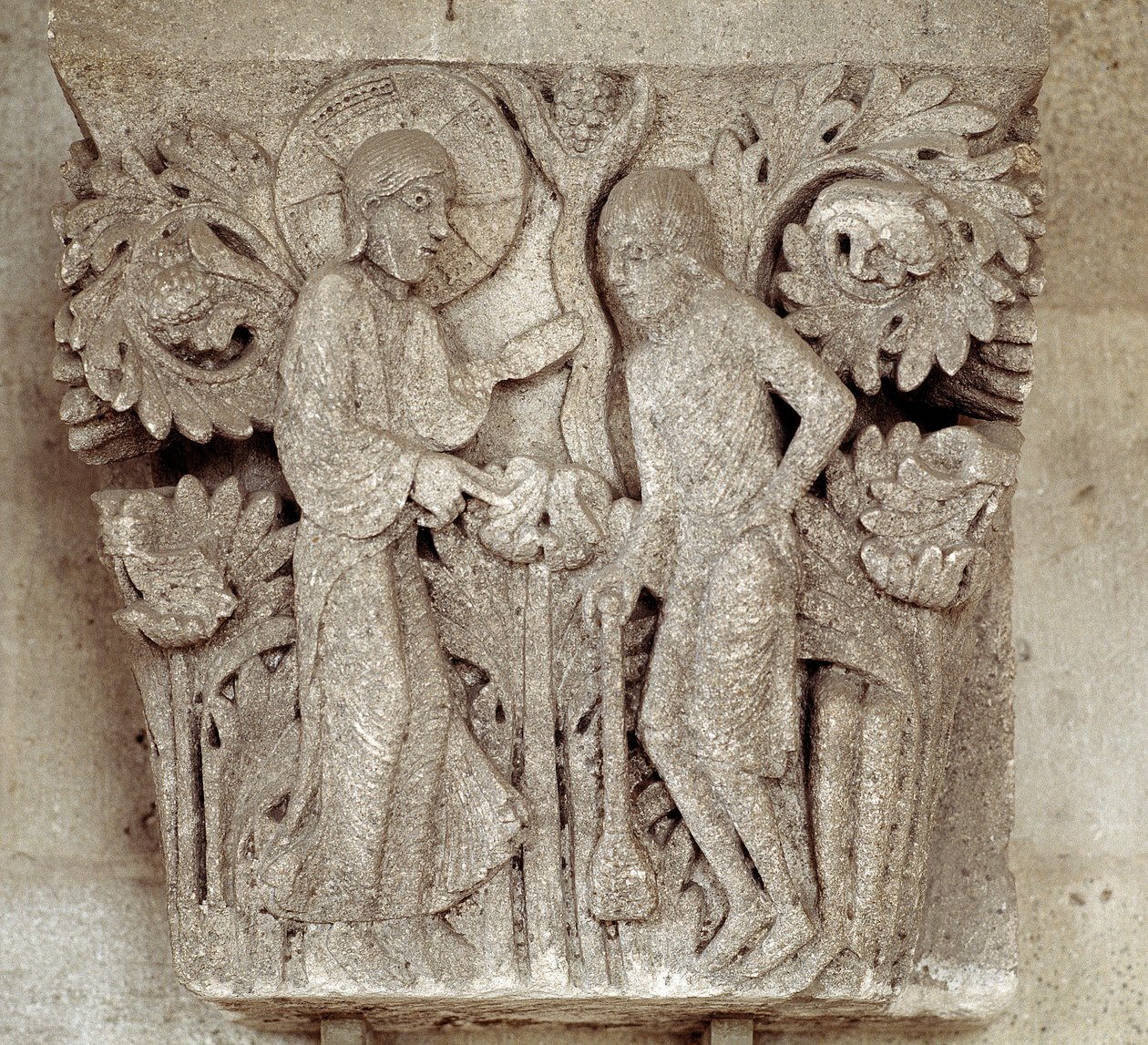 Gud og Kain (utskåret hovedstad) av Romanesque
