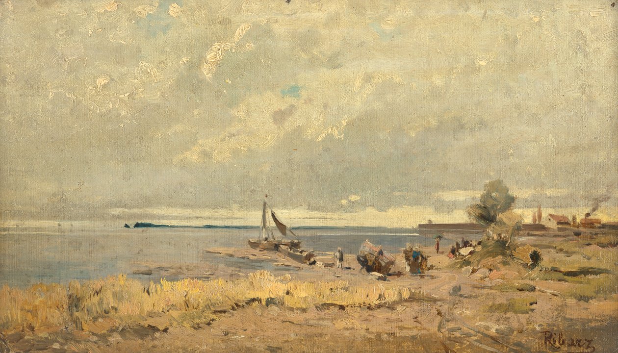 Strandlandskap med båter av Rudolf Ribarz