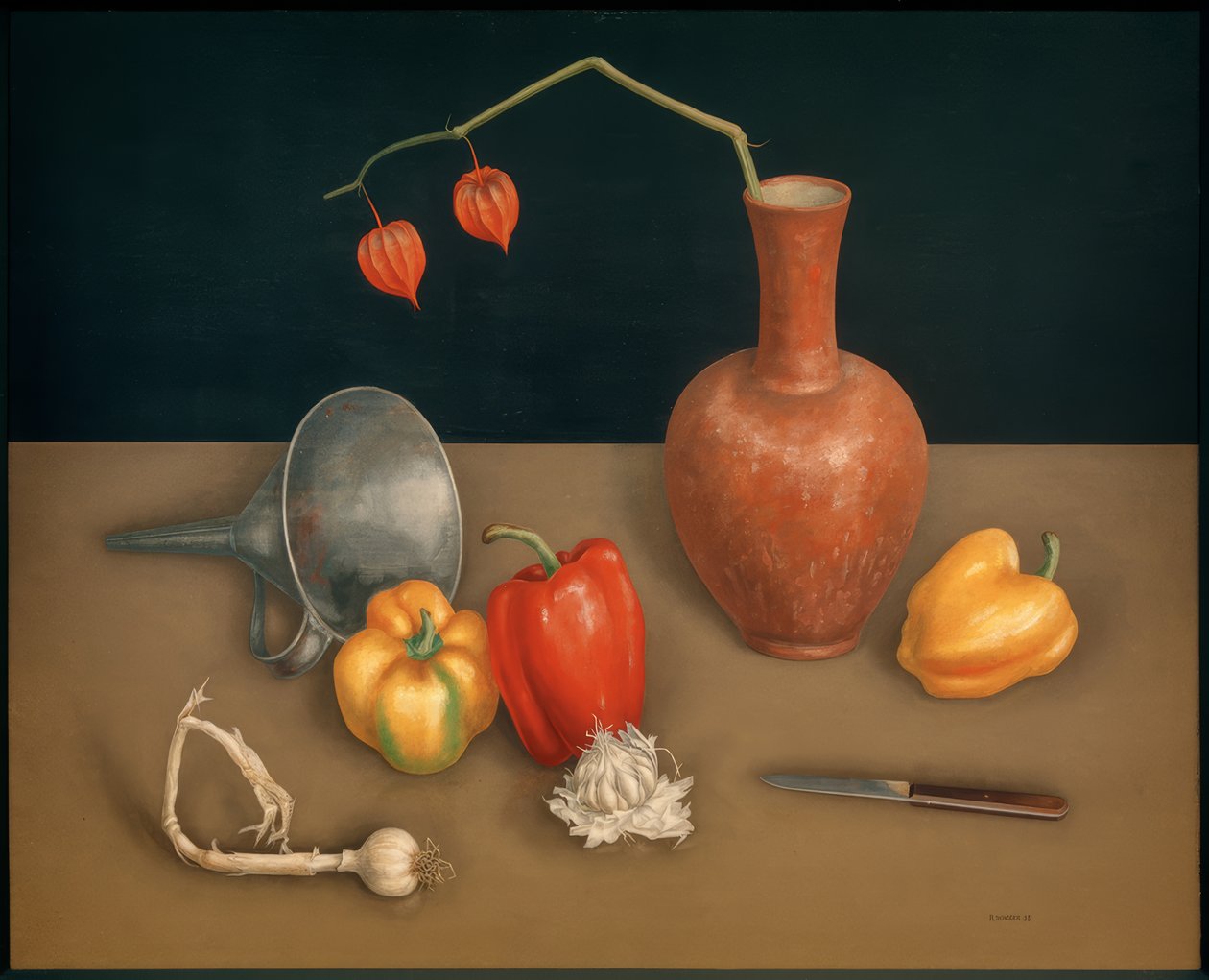 Stilleben med paprika (kniv, vase, lanterneblomst) av Rudolf Wacker