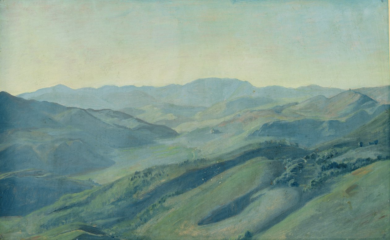 Utsikt over landskapet i Tyrol, ca. 1842 (olje på papir montert på kort) av Rudolph Friedrich Wasmann