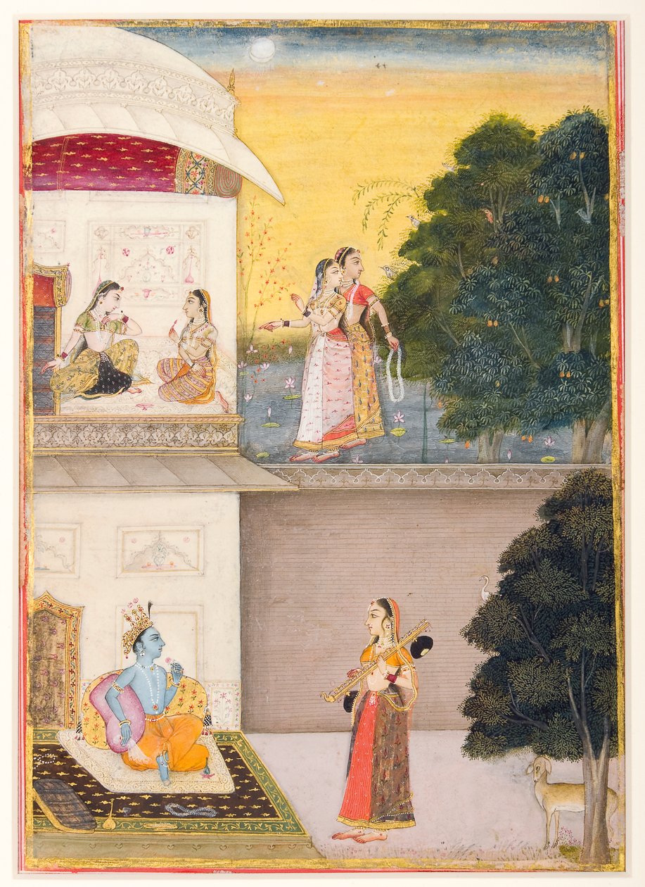 Radha kommer til Krishna med sin vina, 1685 (ugjennomsiktig wc og gull på papir) av Ruknudin of Bikaner