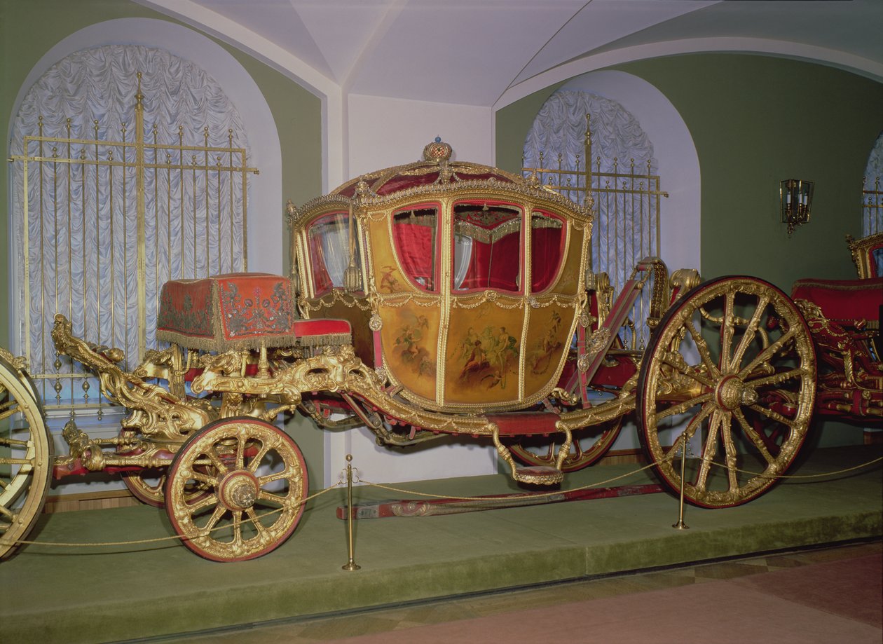 Berlin-vogn av keiserinne Catherine II, tre, preget bronse, utskjæring og forgylling på gesso-grunn, malte paneler, St. Petersburg, 1769 av Russian School