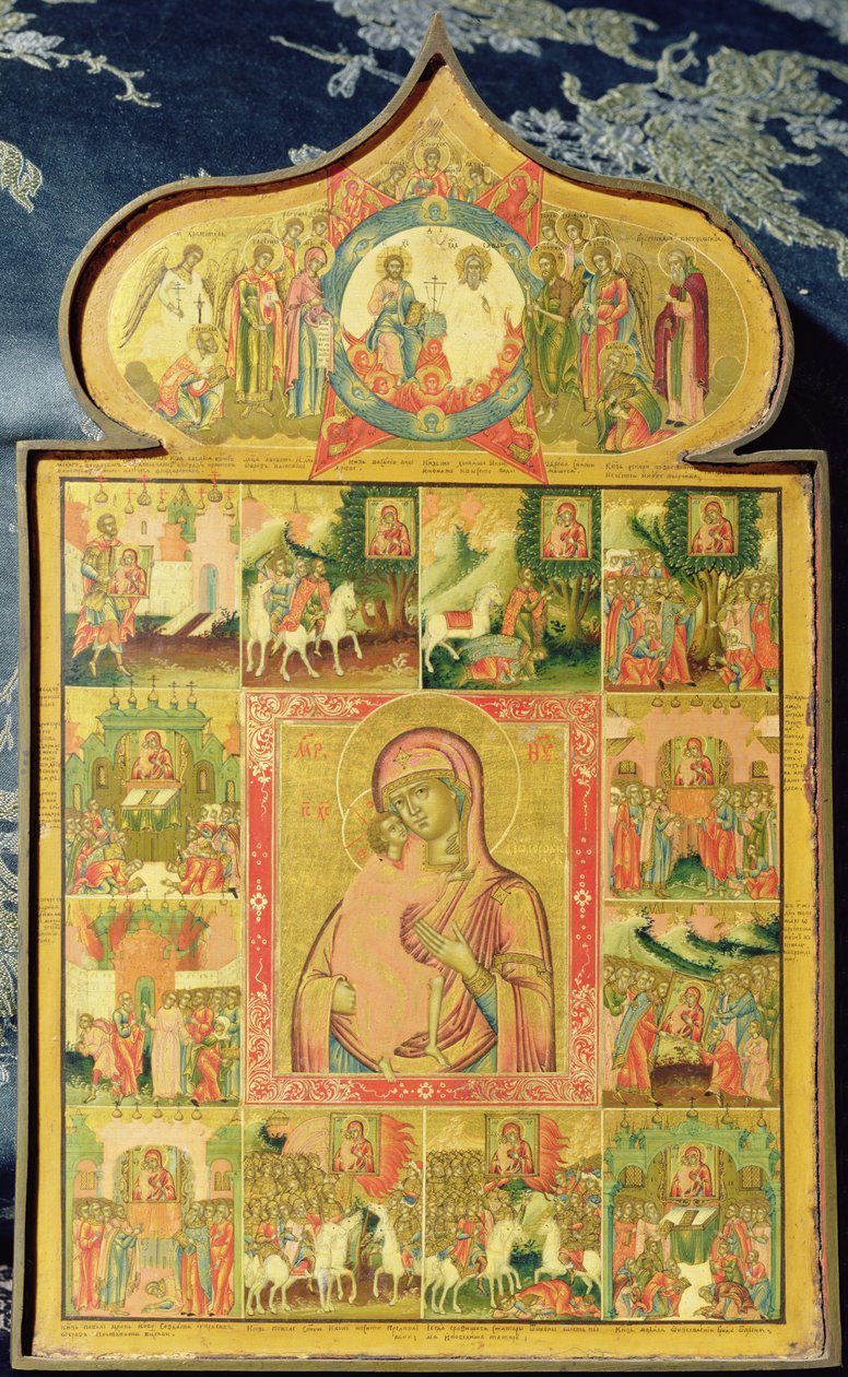 The Virgin of Theodore Stratilates with the miracles, 1759 (eggtempera på tre) av Russian School