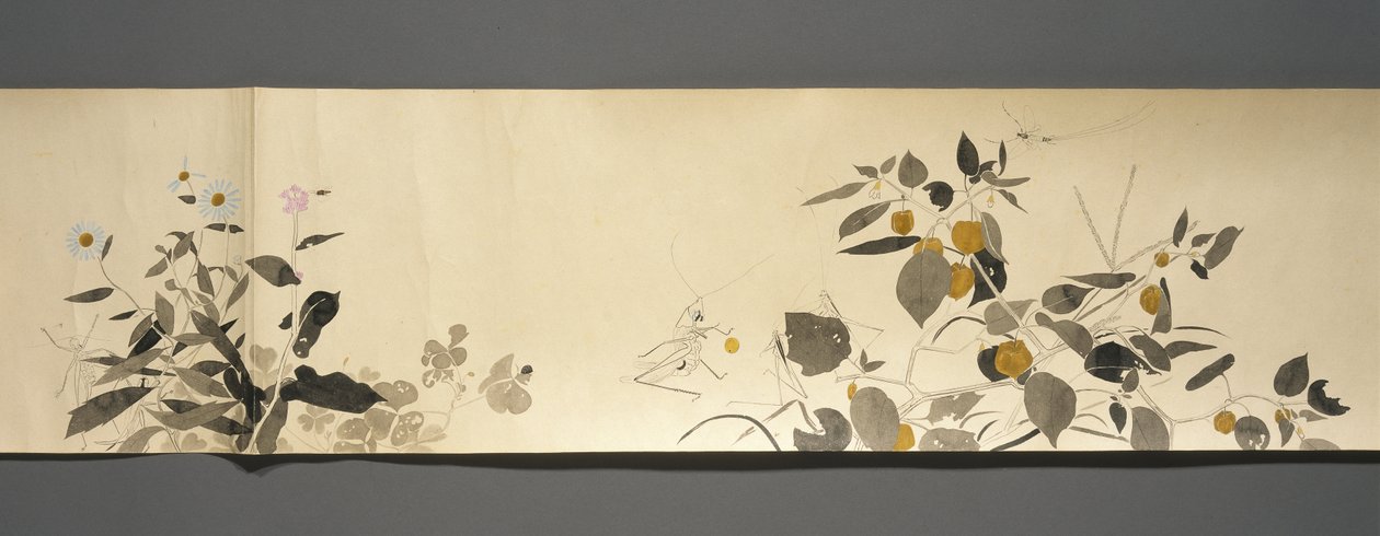 Wildlife Friends (Yasei no Tomo), Taisho-perioden, Taisho 7. år, ca. 1918 (blekk og wc på vevd papir dekorert med glimmer) av Ryoka Kawakami