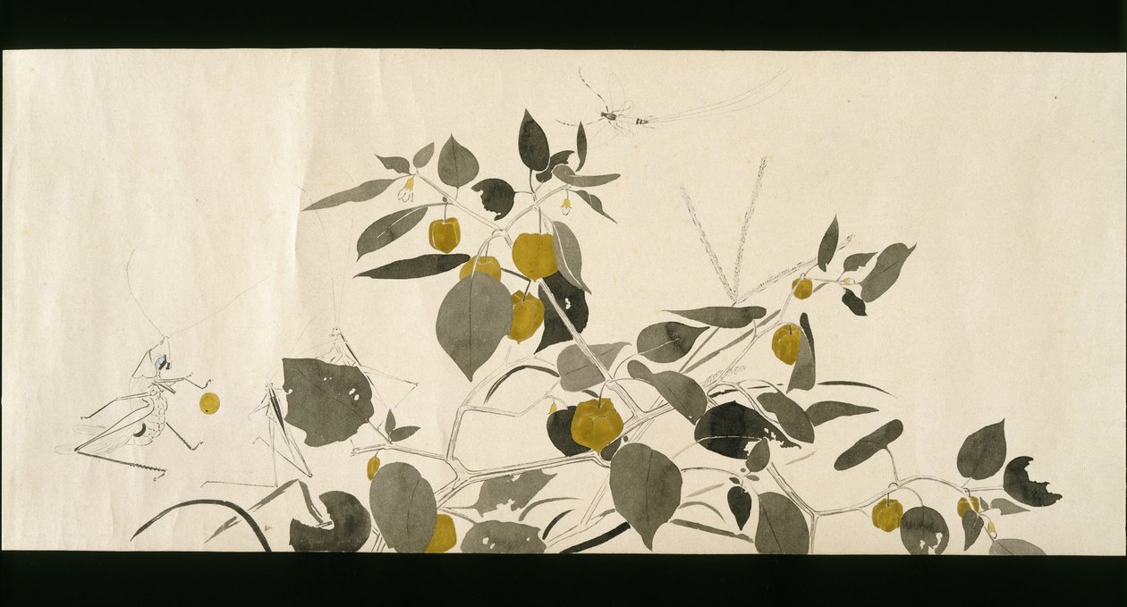 Wildlife Friends (Yasei no Tomo), Taisho-perioden, Taisho 7. år, ca. 1918 (blekk og wc på vevd papir dekorert med glimmer) av Ryoka Kawakami