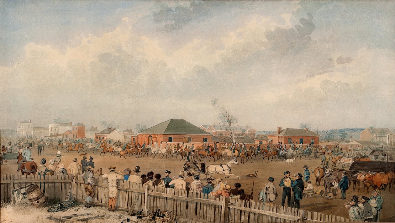 Sturts Overland Expedition forlater Adelaide, 10. august 1844 av S. T. Gill
