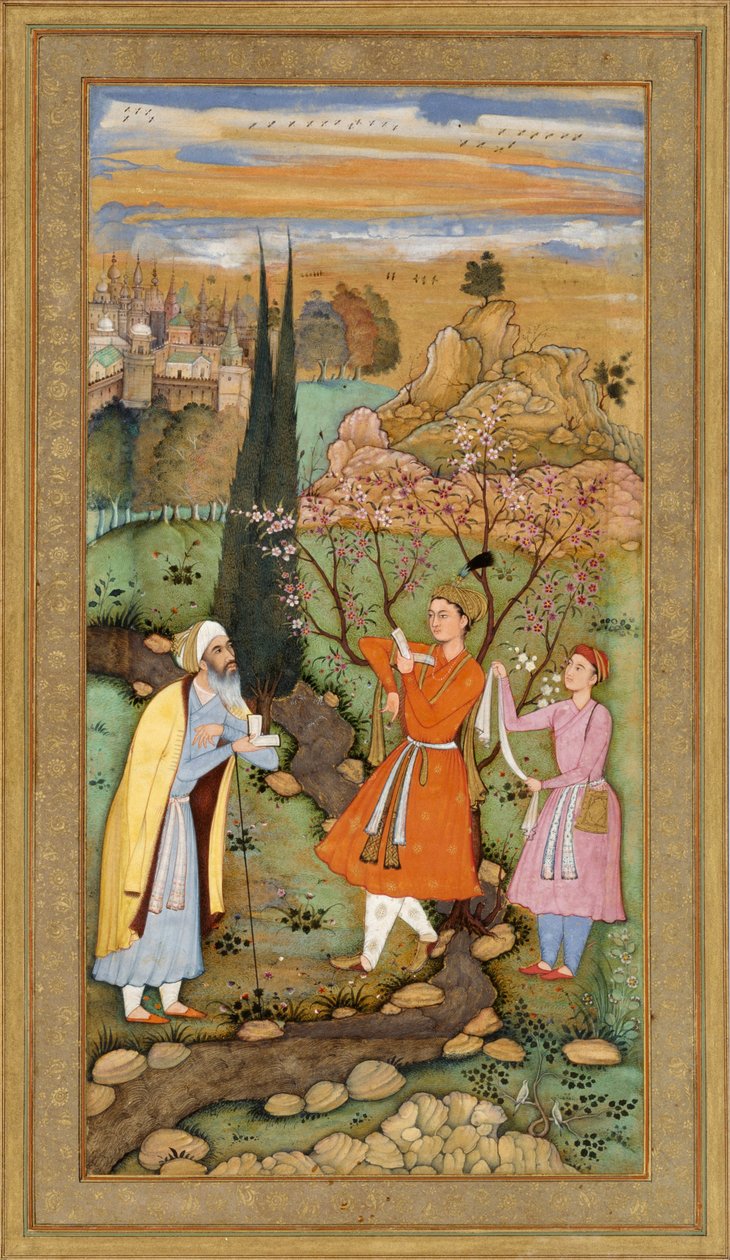 Blad fra Muraqqa Gulshan- Poeten og prinsen (recto) Kalligrafi (verso) av Salim Quli