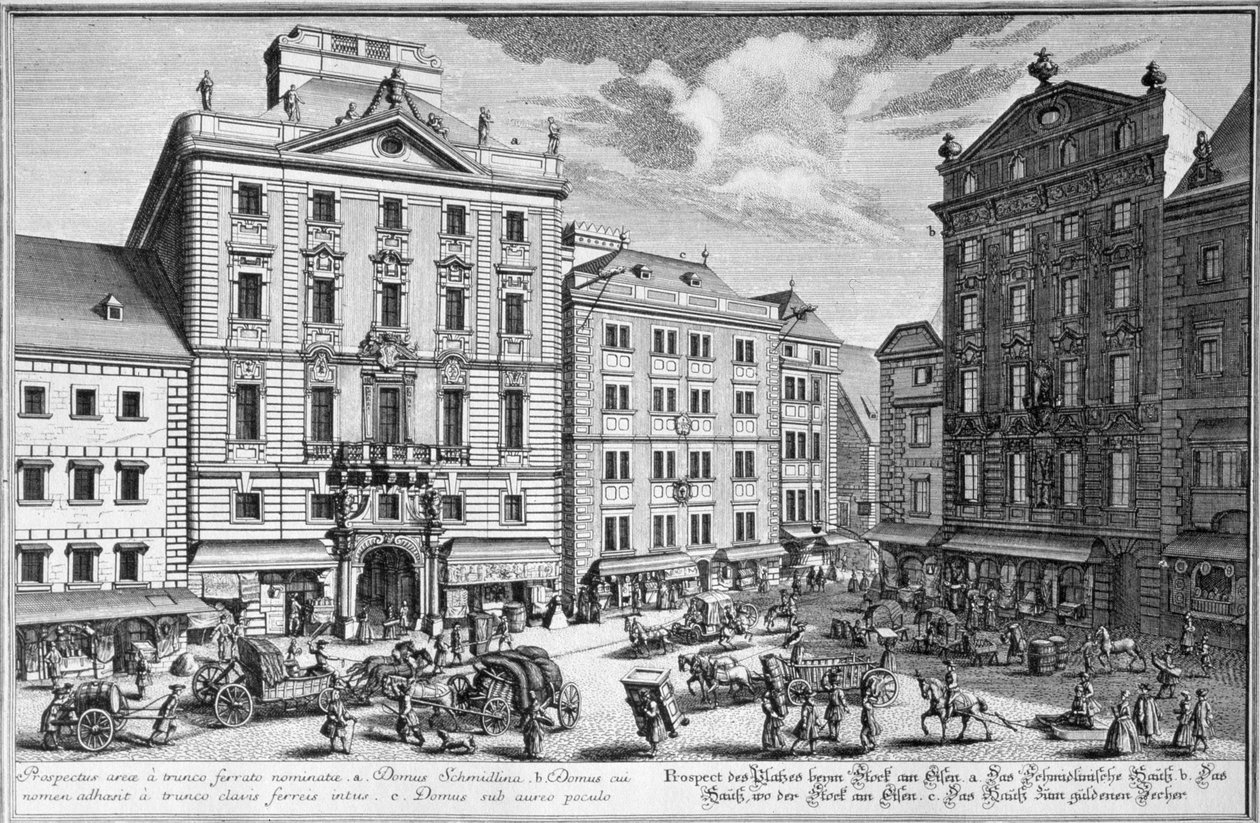 Utsikt over Stock-im-Eisen-Platz, Wien gravert av Karl Remshard (1678-1735) av Salomon Kleiner