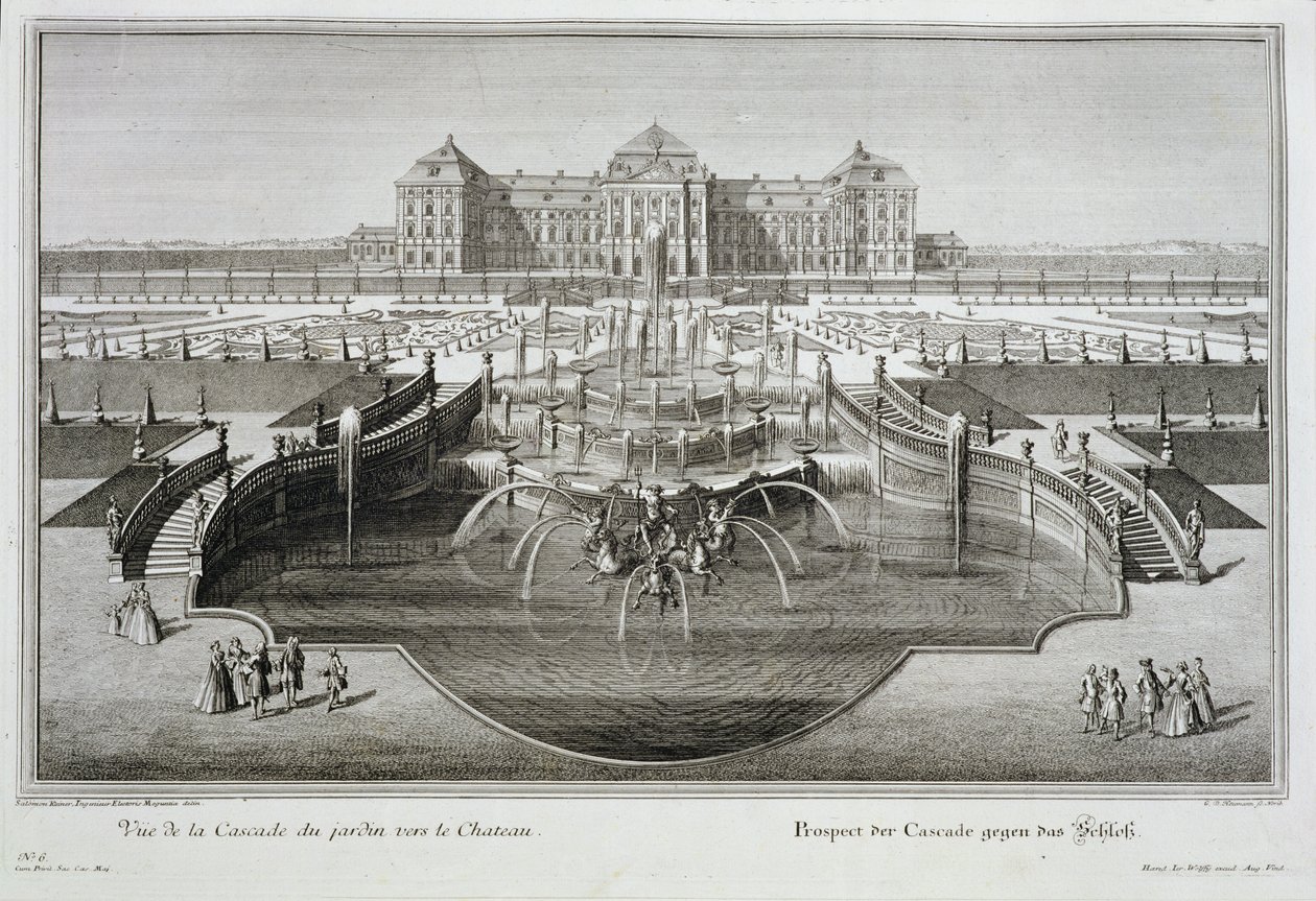 Weissenstein, utsikt mot slottet fra den barokke kaskaden, gravert av Georg-Daniel Heumann (1691-1759), utgitt 1728 av Salomon Kleiner