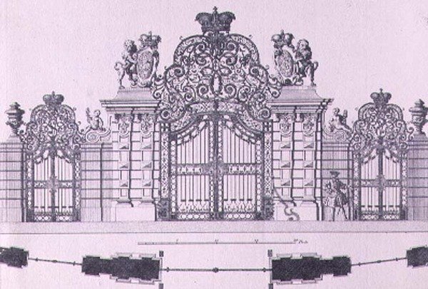 Plan og forhøyning av inngangsportene til Schloss Belvedere i Wien sannsynligvis designet av Johann George Oegg ca. 1725, gravert av Johann August Corvinus (1683-1738) av Salomon after Kleiner