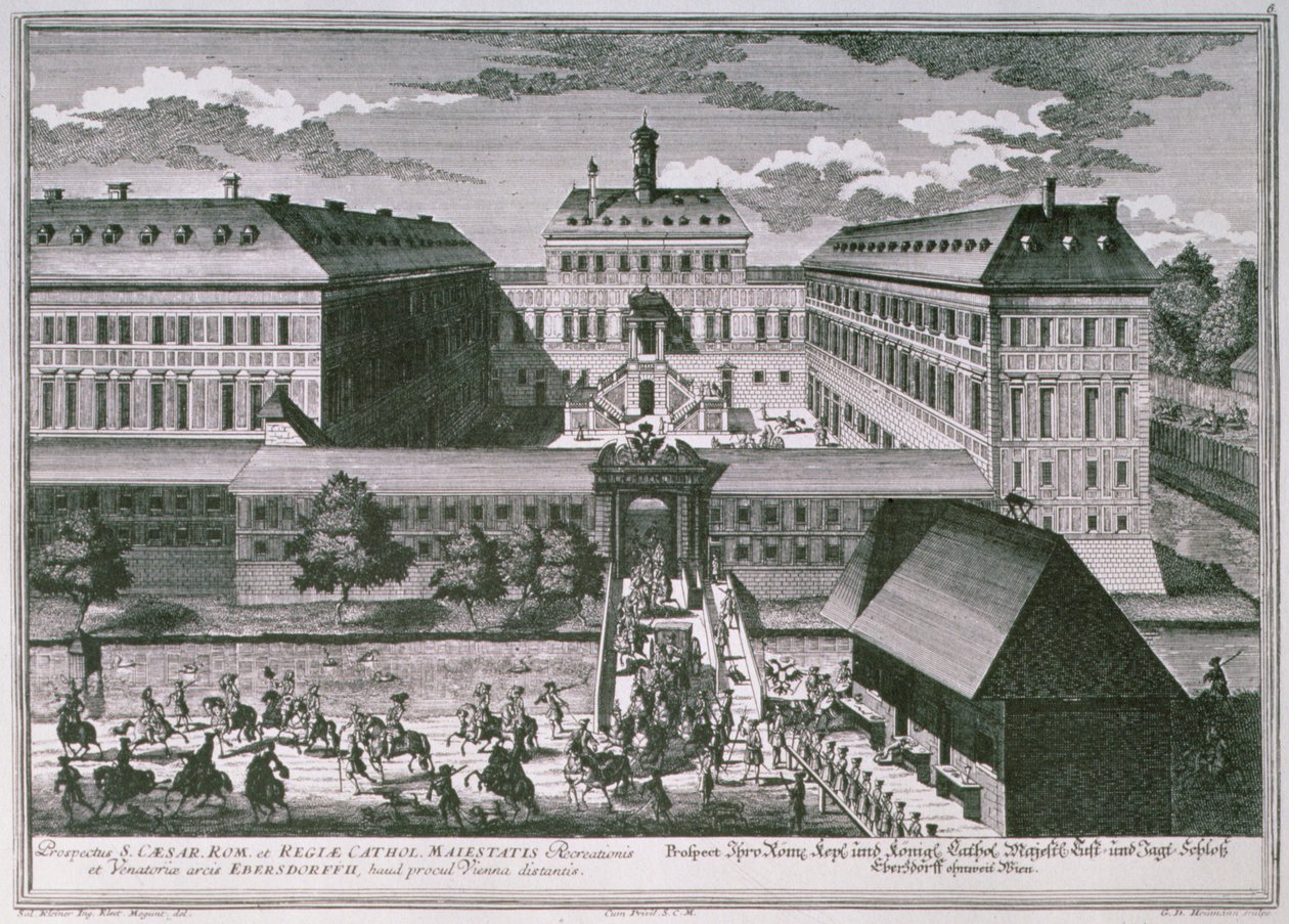 Utsikt over Schloss Ebersdorff nær Wien gravert av Georg-Daniel Heumann (1691-1759) av Salomon after Kleiner