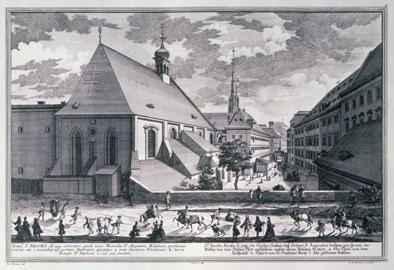 Utsikt over St. Jacobs kirke, Wien gravert av Georg-Daniel Heumann (1691-1759) av Salomon after Kleiner