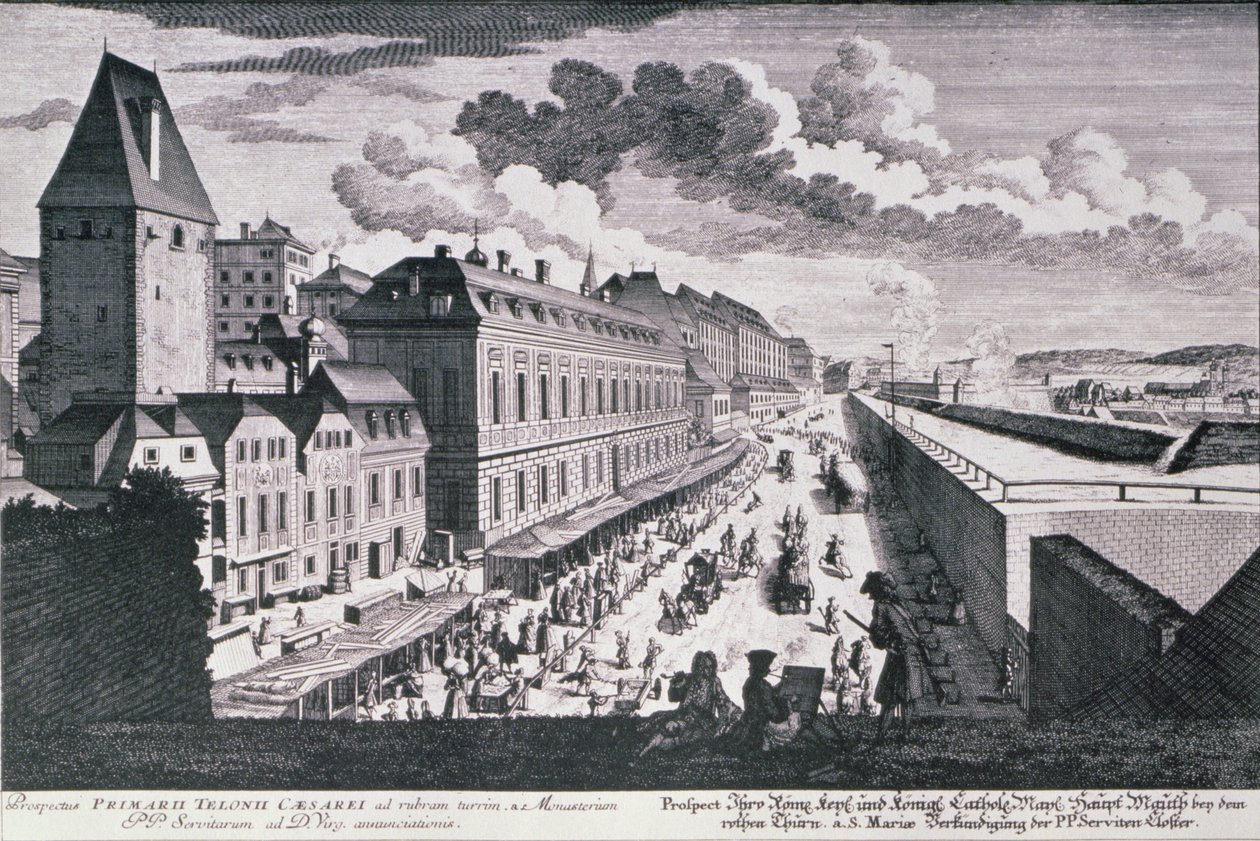 Utsikt over en gate i Wien gravert av Johann-August Corvinus (1683-1738) av Salomon after Kleiner