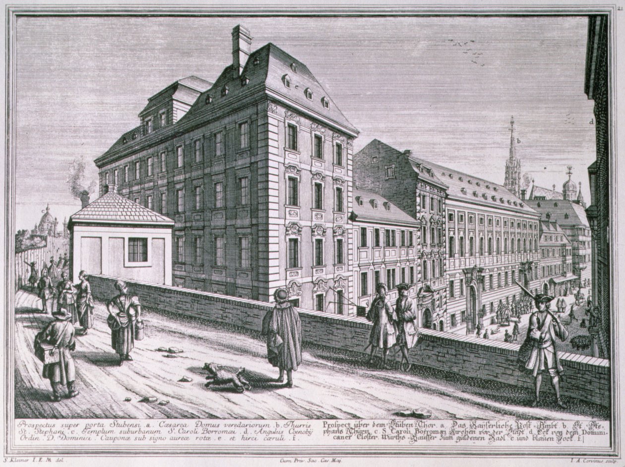 Utsikt over området rundt St. Stephens Cathedral, Wien, gravert av Johann-August Corvinus (1683-1738) av Salomon after Kleiner