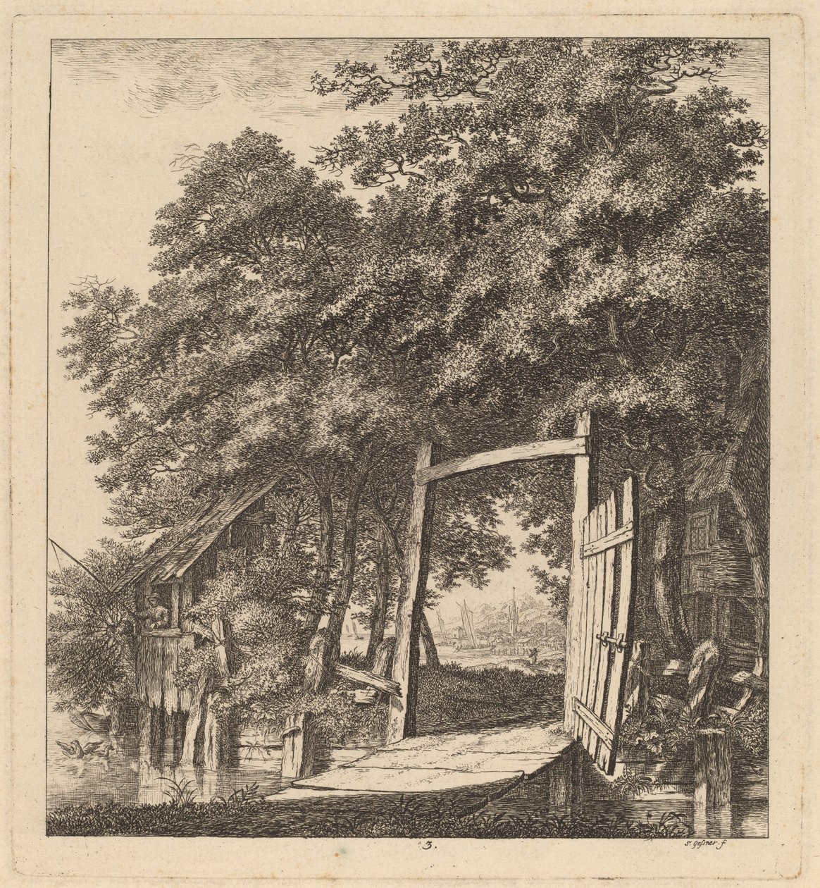 En rustikk port ved siden av en innsjø, 1764. av Salomon Gessner