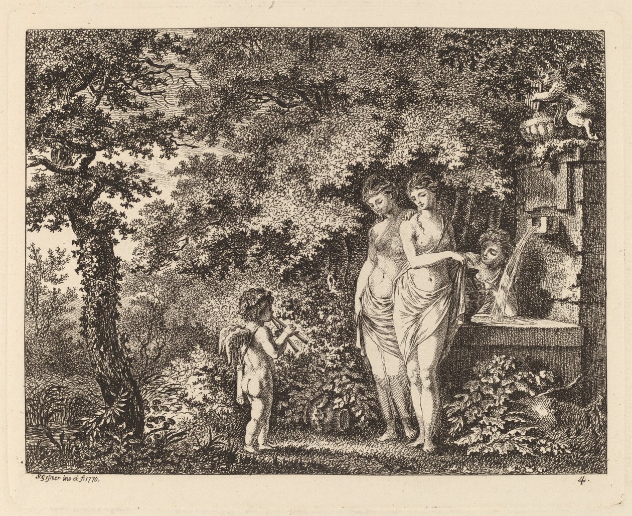 Eros med tre jenter ved en fontene av Salomon Gessner