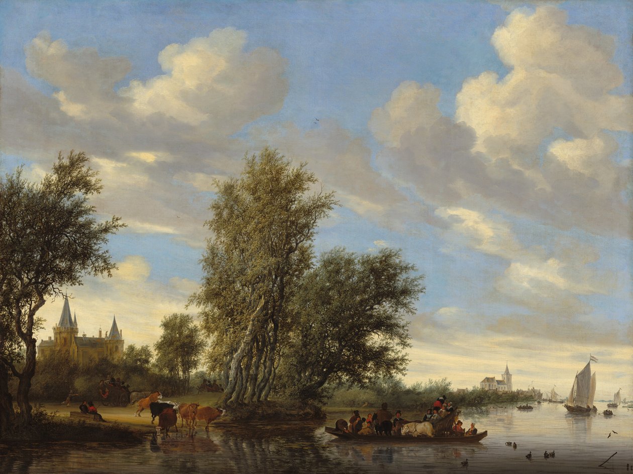Elvelandskap med ferge, 1649. av Salomon Ruysdael