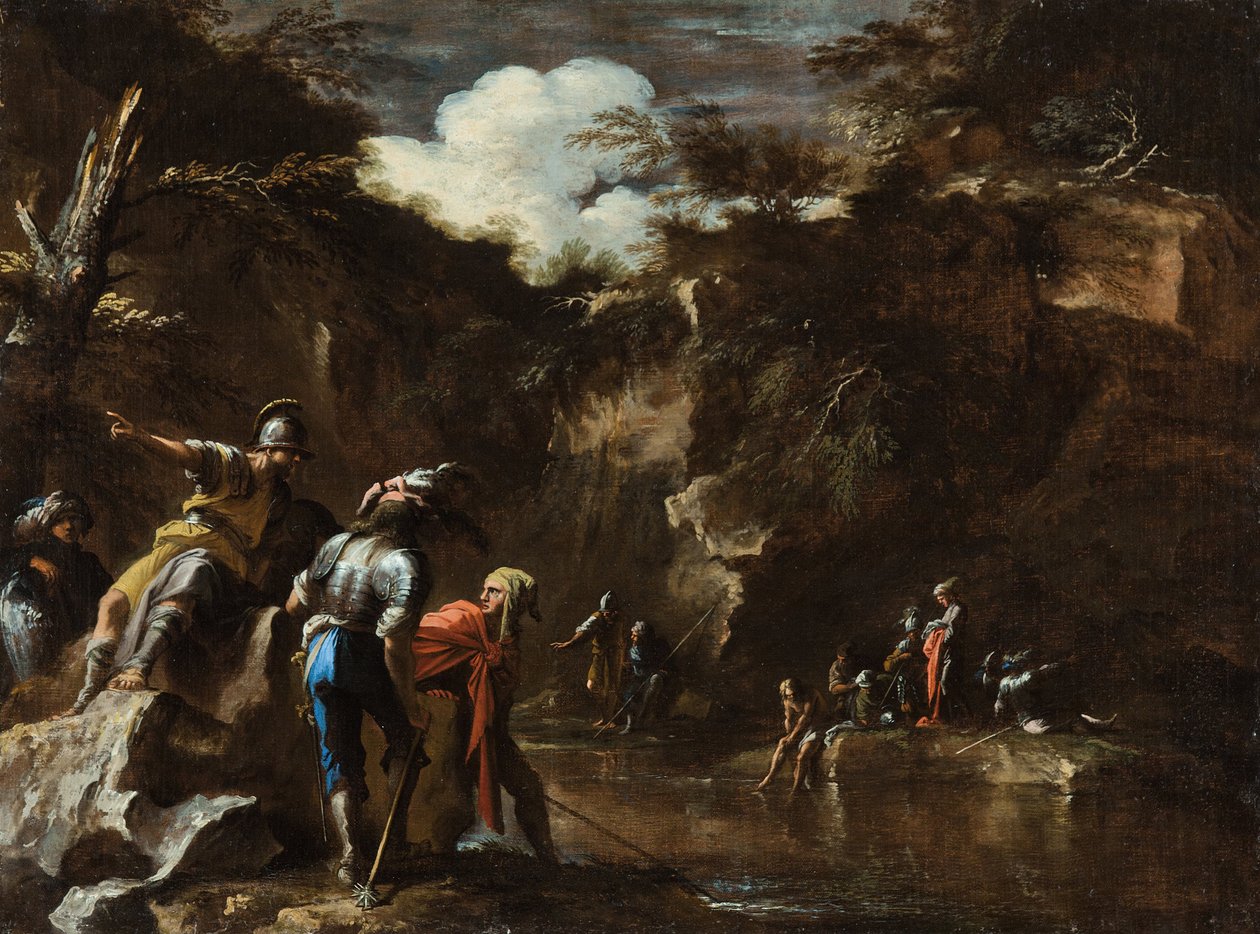 Scene fra gresk historie- Thales fikk elven til å renne på begge sider av den lydiske hæren av Salvator Rosa