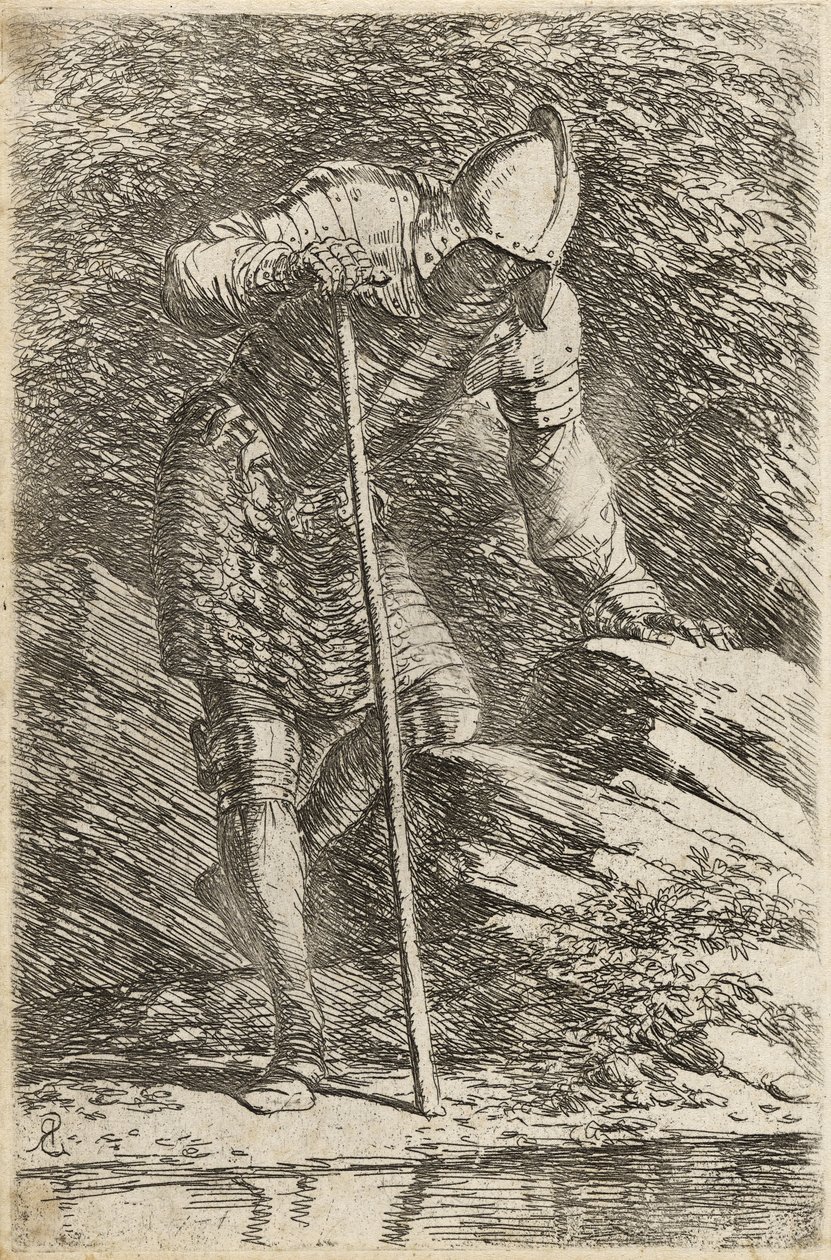 Soldat in Helmet and Armor Regarding a Stream, ca. 1656-57 (etsing på lagt papir med tørrnål) av Salvator Rosa