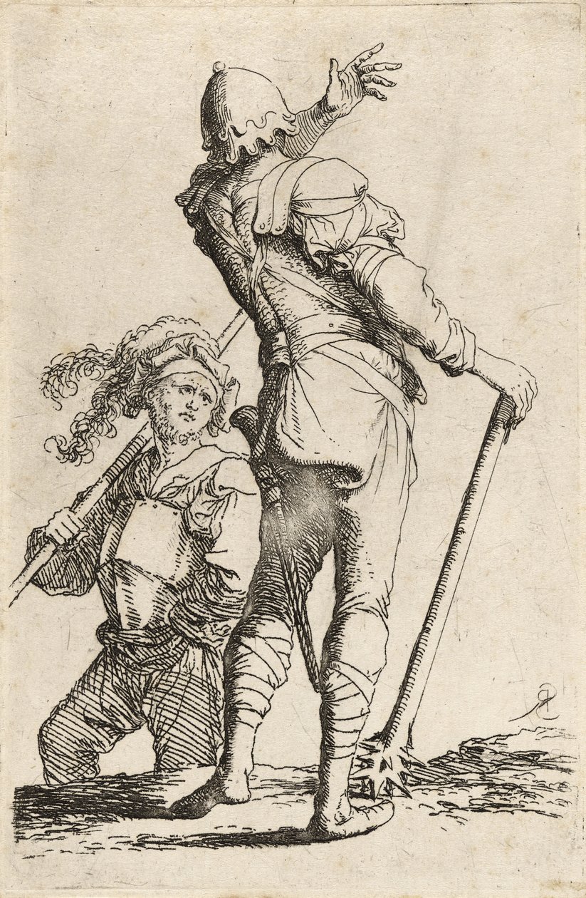 To krigere, den ene holder en mace og snur seg for å vinke den andre, ca. 1656-57 (etsing med tørrpunkt på lagt papir) av Salvator Rosa