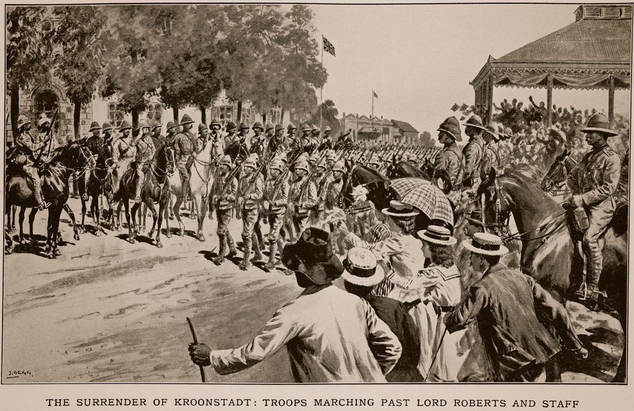 Overgivelsen av Kroonstadt: Tropper som marsjerer forbi Lord Roberts og staben, fra en skisse av Melton Prior (1845-1910) av Samuel Begg
