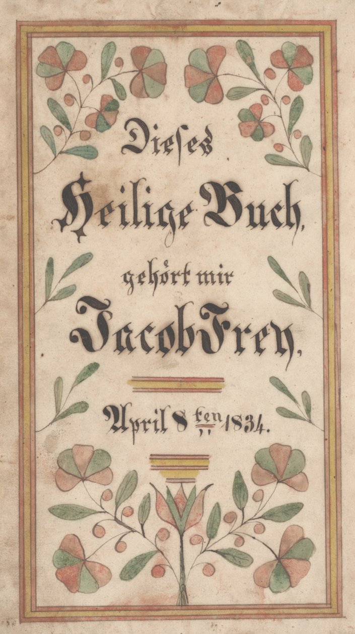 Bokplate for Jacob Frey, 1834 (blekk og farge på papir) av Samuel Bentz