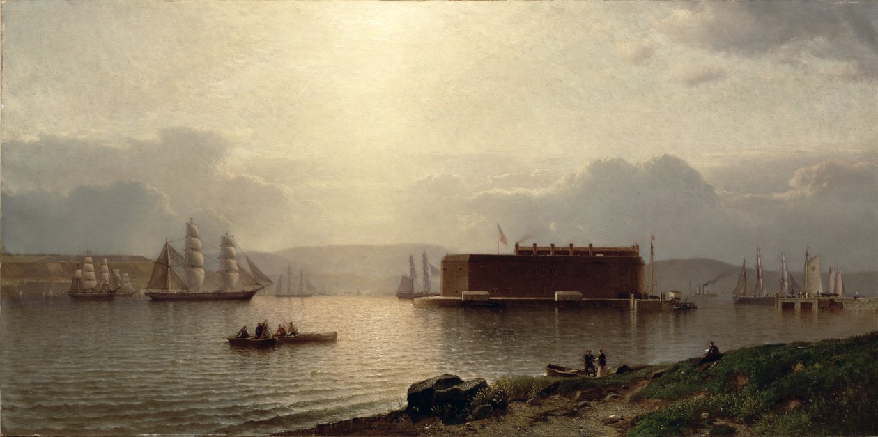 The Narrows og Fort Lafayette, skip som kommer inn i havn, New York Harbour, 1868 av Samuel Coleman