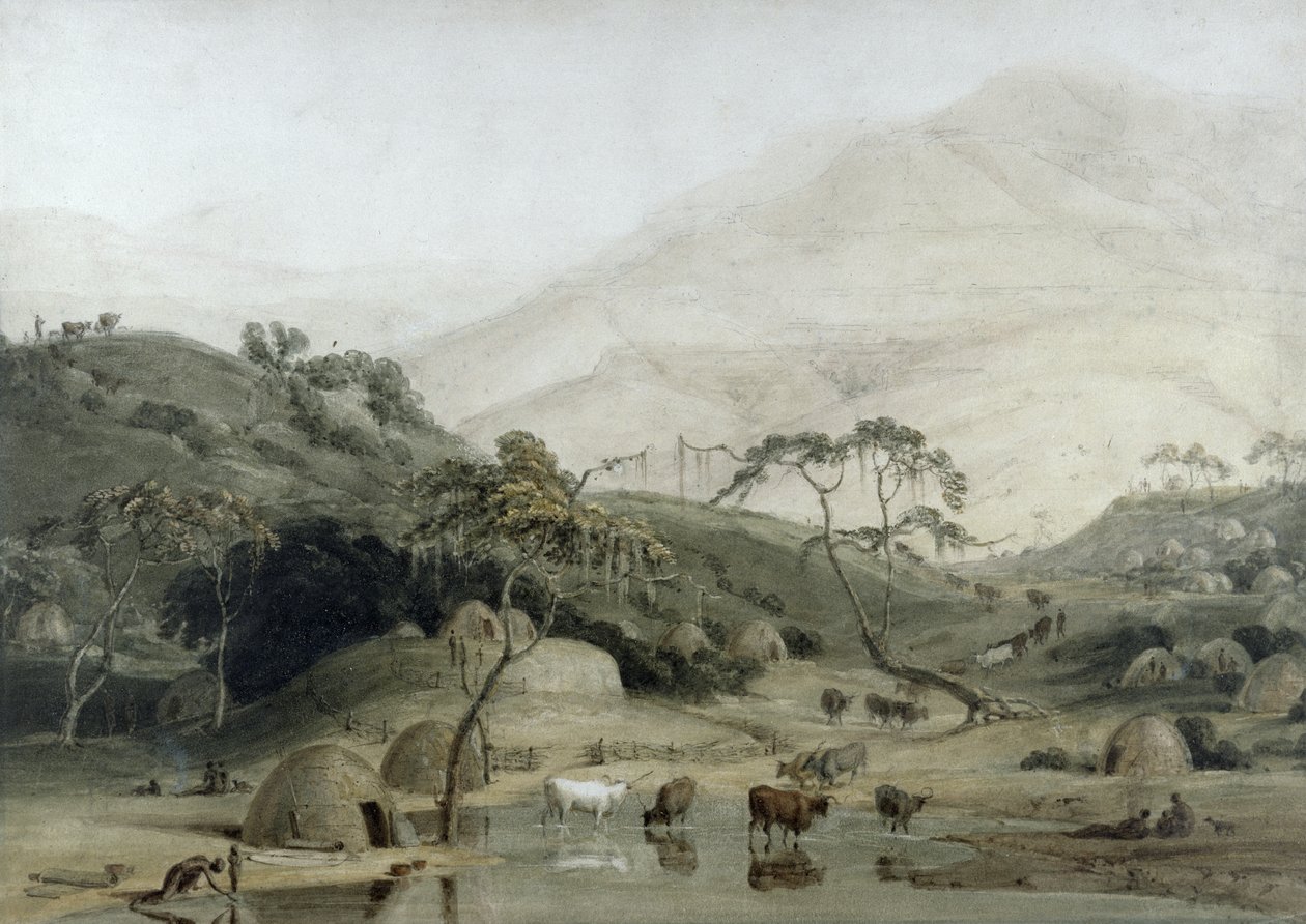 A Kaffir Village, ca. 1801 (wc og grafitt på papir) av Samuel Daniell