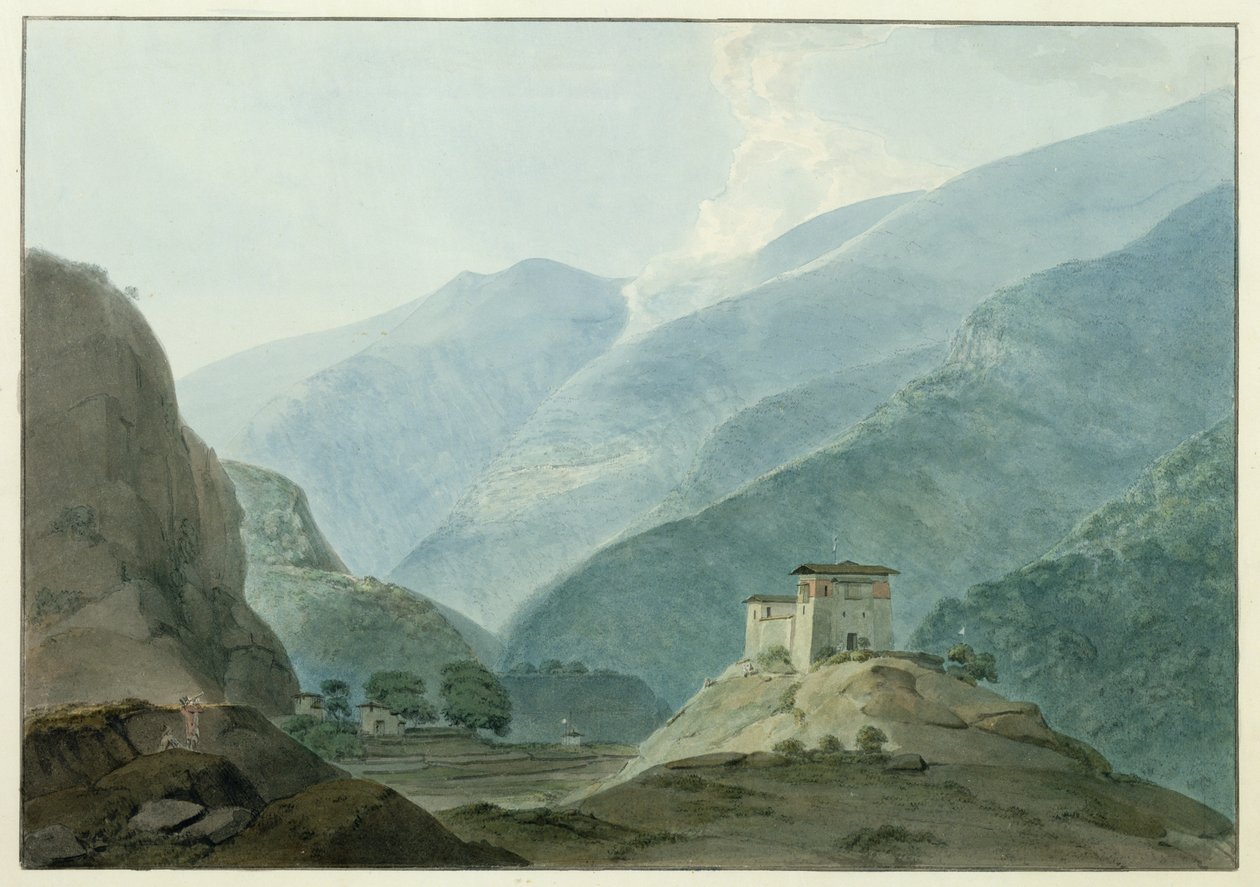Chukha Castle i Bhutan, 1783 (wc over grafitt på papir) av Samuel Davis