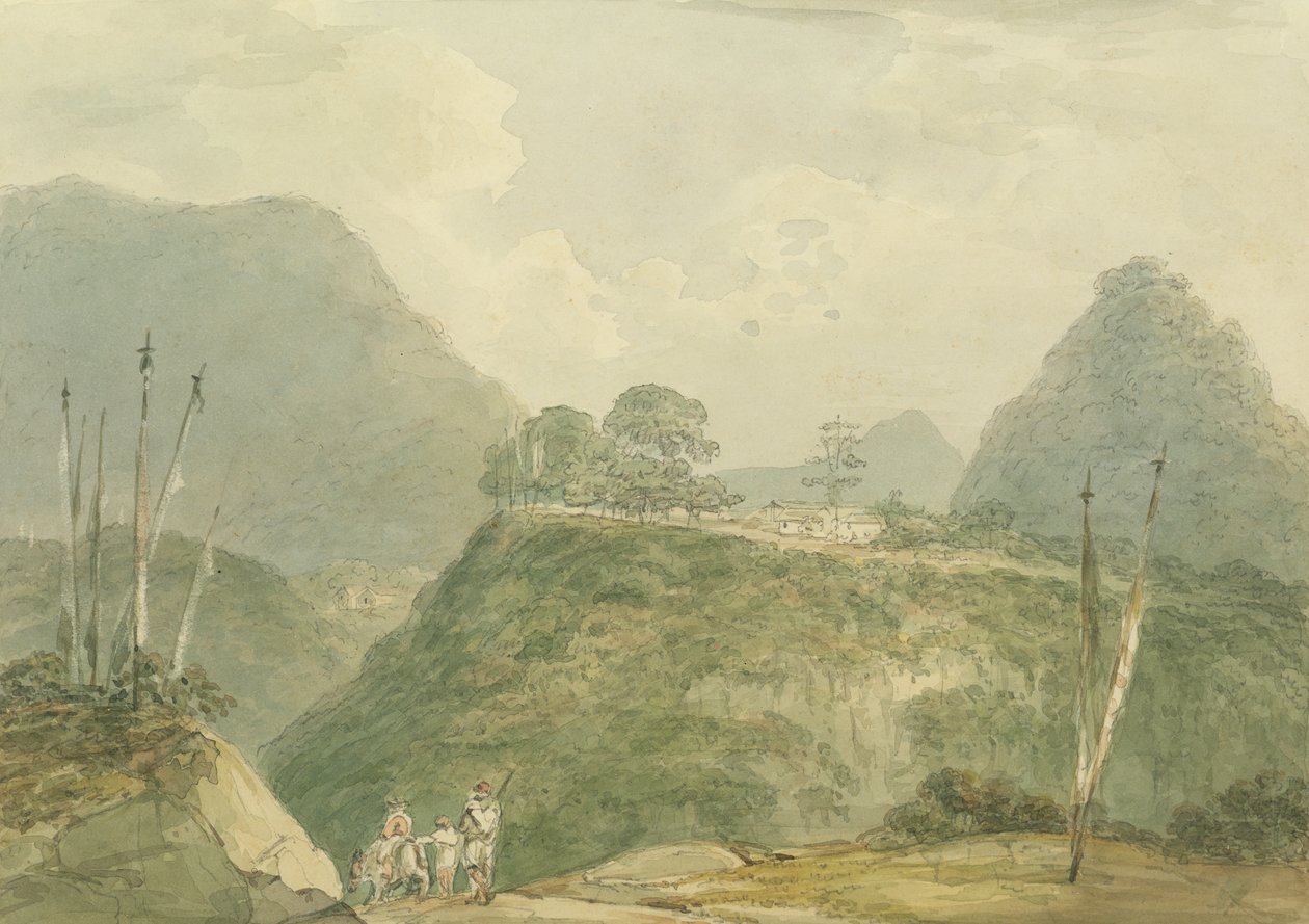Fjelllandskap med elv (wc og grafitt på papir) av Samuel Davis