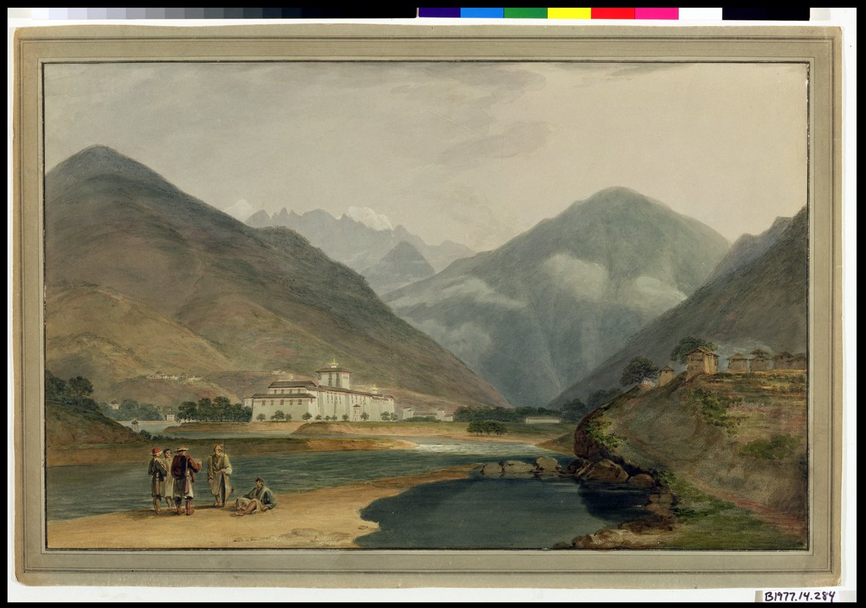 Den tidligere vinterhovedstaden i Bhutan ved Punakha Dzong, 1783 av Samuel Davis