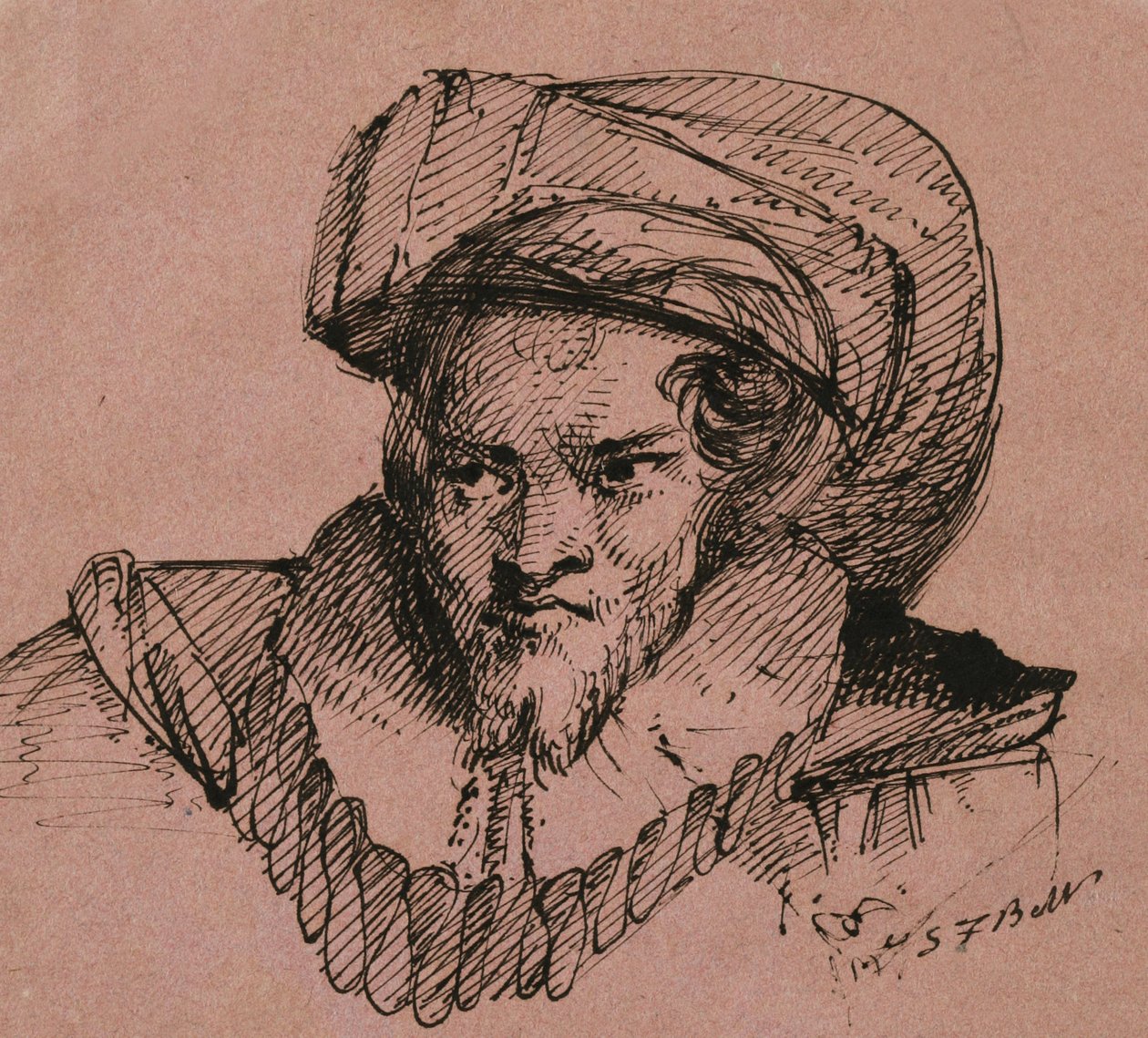 Hodet til en mann med plymer hatt, 1840 (penn og svart blekk på rosa vevd papir) av Samuel Finley Breese Morse