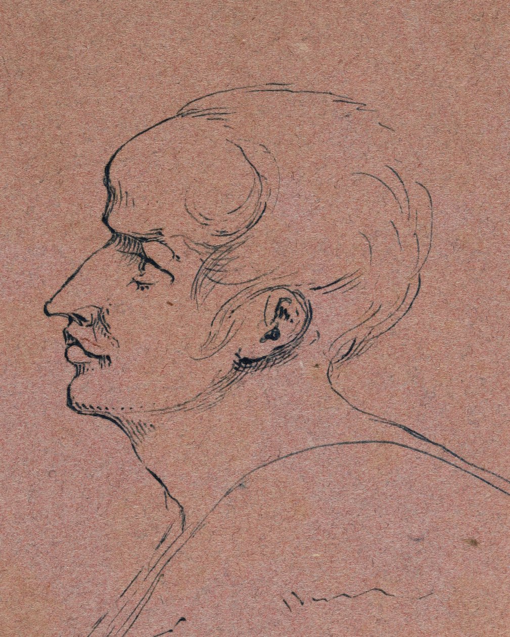 Profil av en mann, 1840 (penn og blått blekk på rosa vevd papir) av Samuel Finley Breese Morse