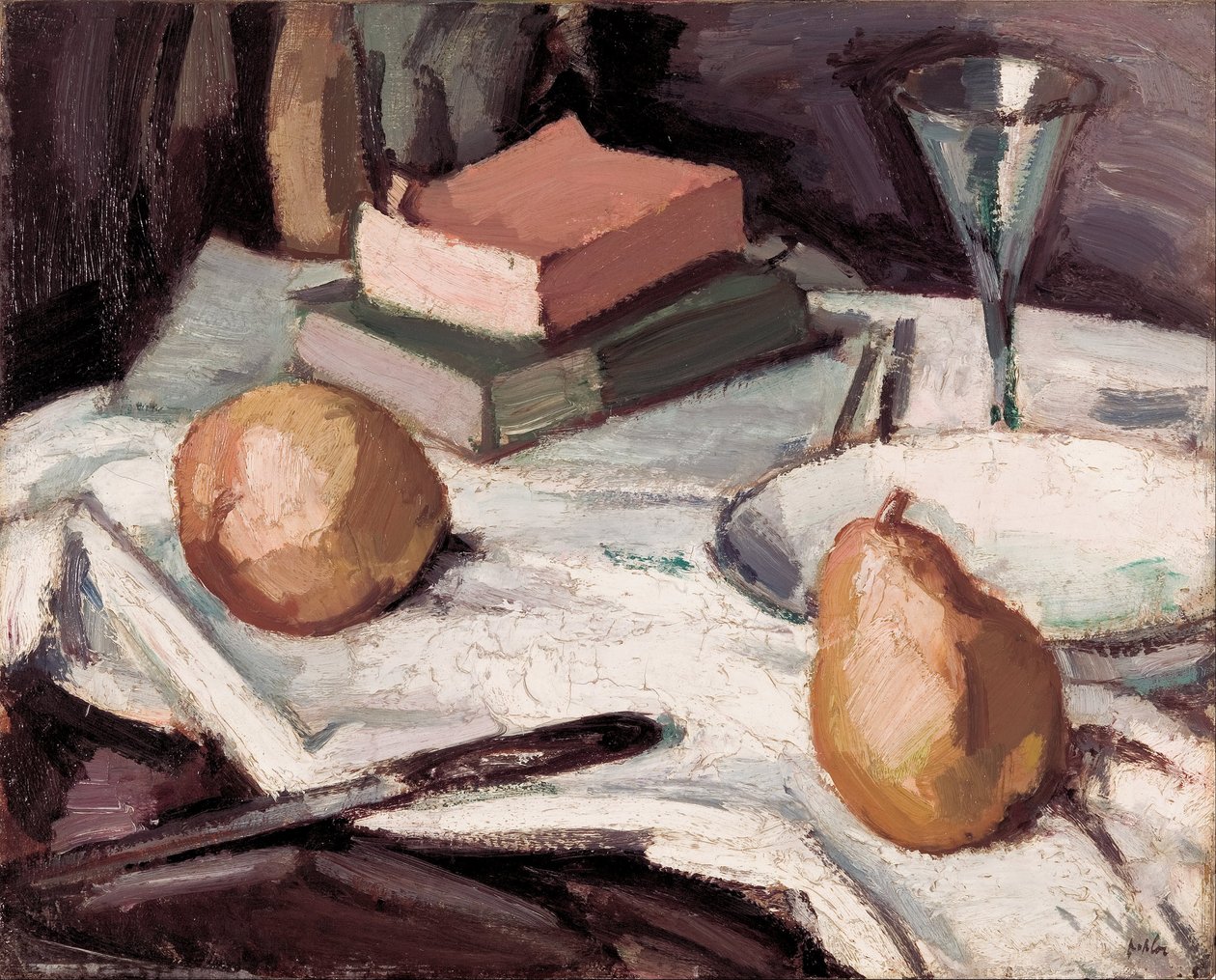 Stilleben med pærer og vinglass av Samuel John Peploe
