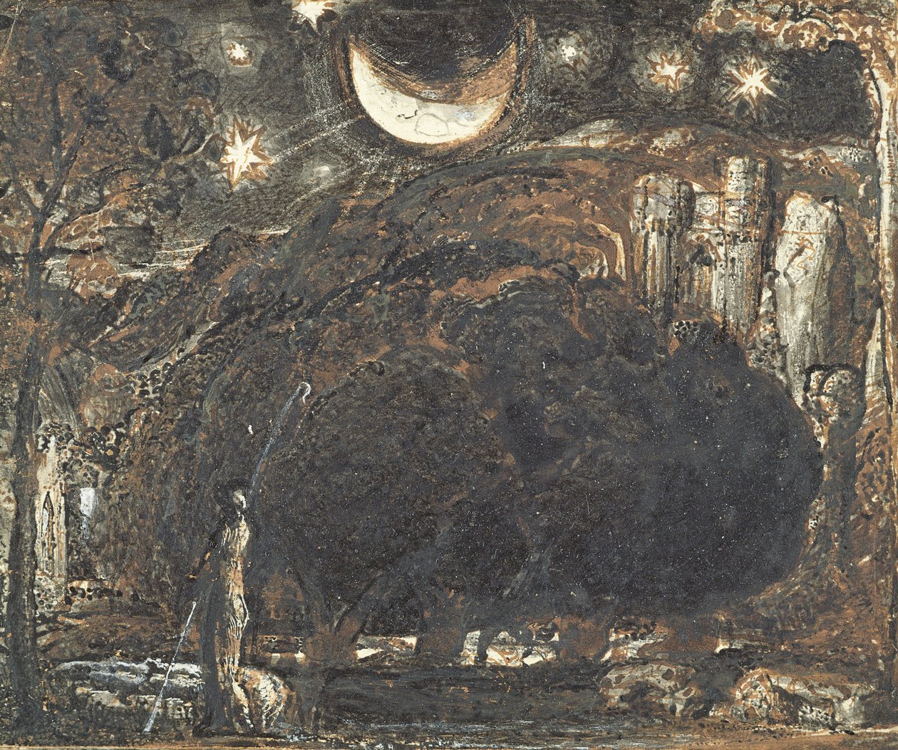 A Shepherd and his Flock under the Moon and Stars, ca. 1827 (penn og blekkvask på papir) av Samuel Palmer