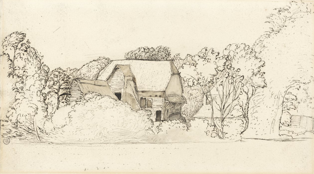 An Ancient Barn at Shoreham (penn og blekk og grå og brun vask over grafitt på papir) av Samuel Palmer