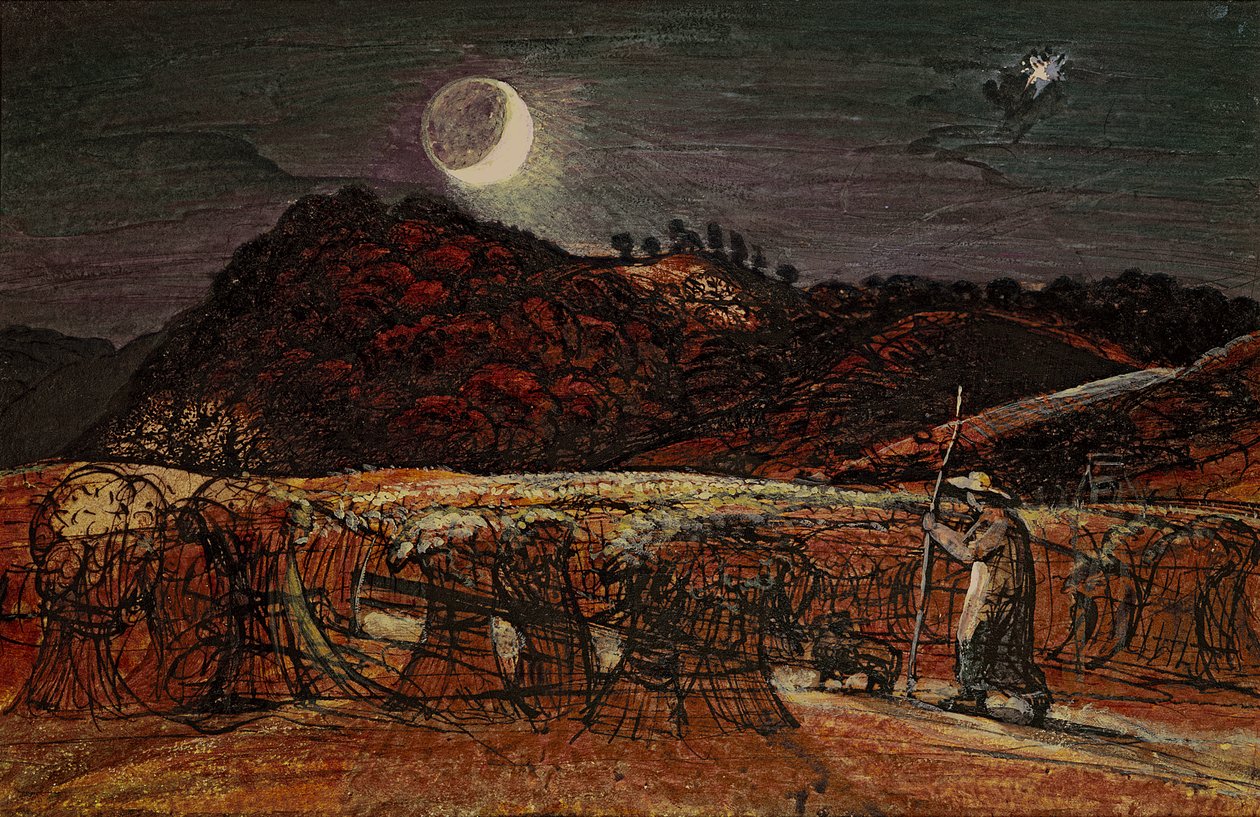 Cornfield by Moonlight, with the Evening Star, ca. 1830 (wc og kroppsfarge med penn og blekk) av Samuel Palmer