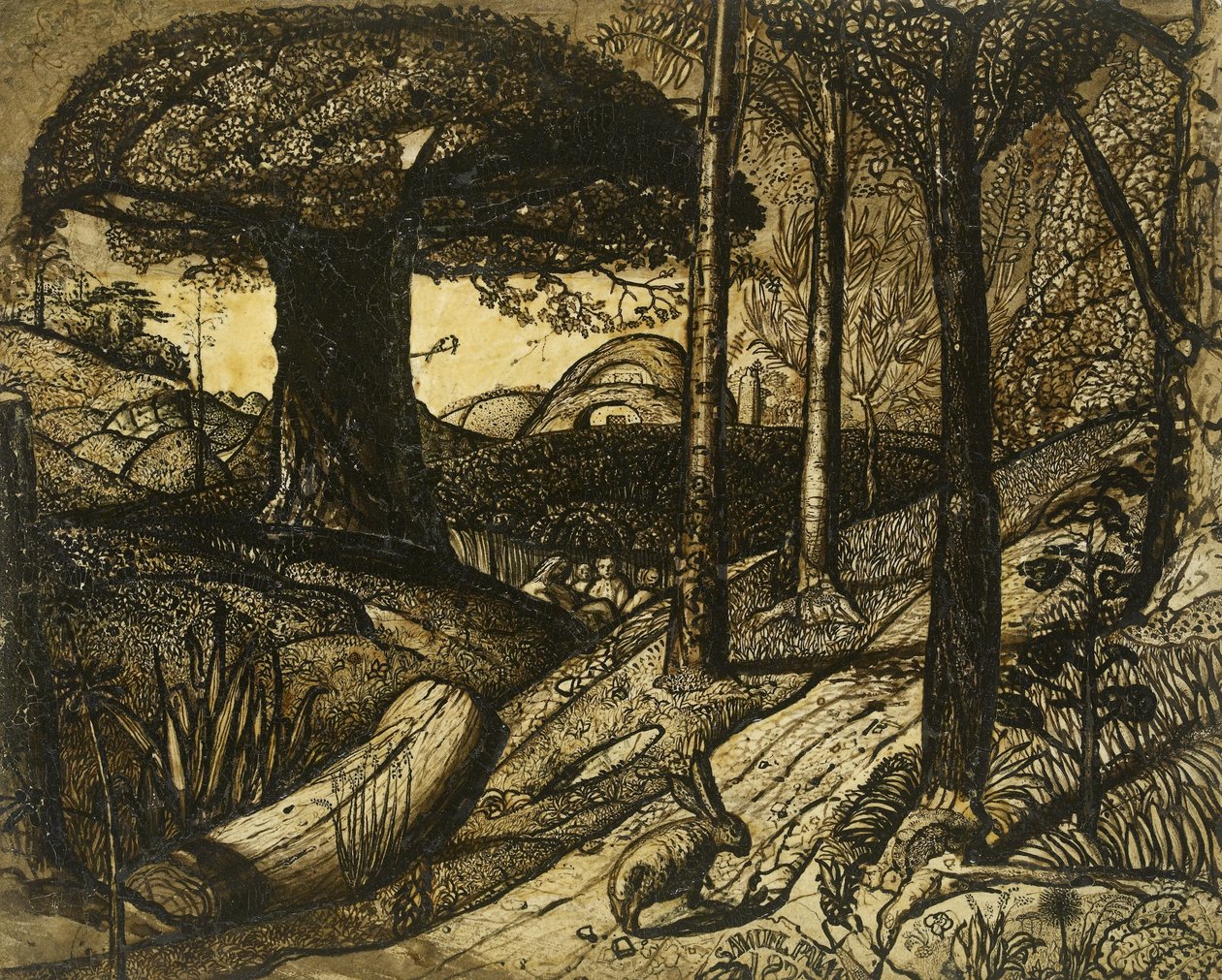 Tidlig morgen, 1825 (penn og pensel i sepia) av Samuel Palmer