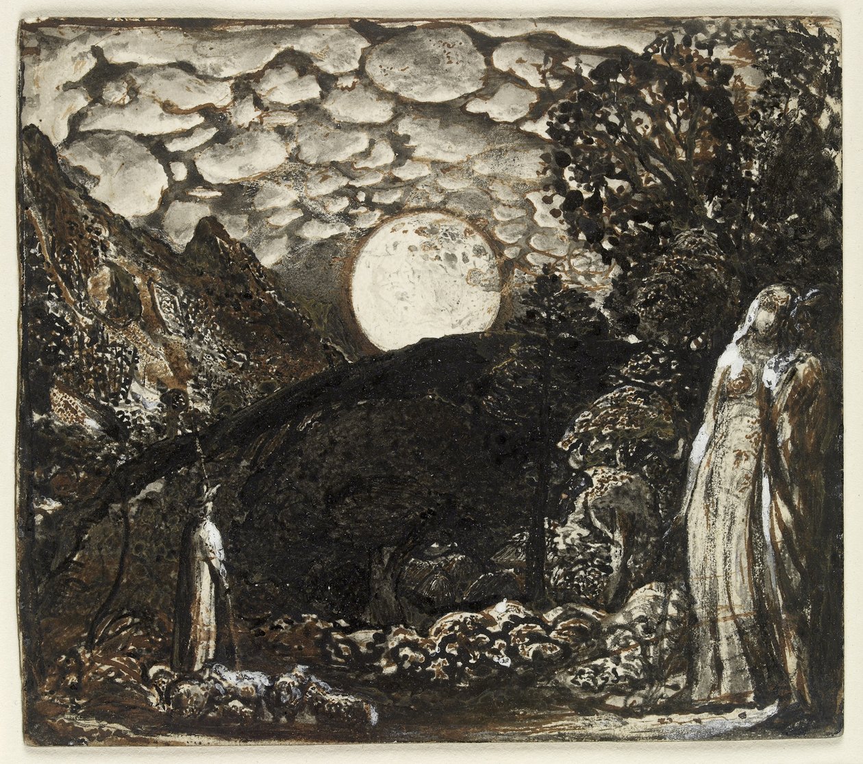 Shepherds under a Full Moon, ca. 1829-30 (penn og brunt blekk med pensel i indisk blekk, forsterket med kroppsfarge på hvitt kort) av Samuel Palmer