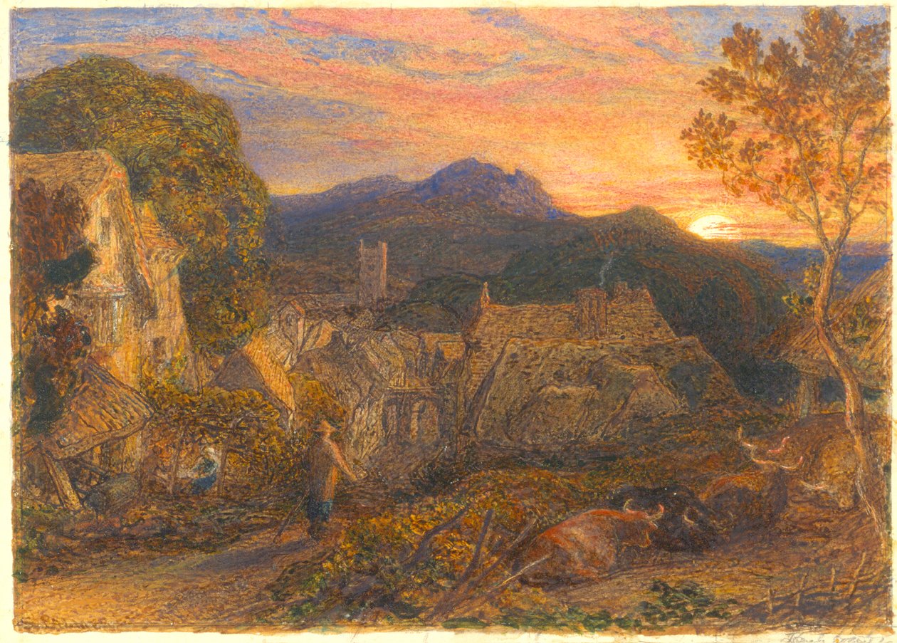 The Bellman, fra Il Penseroso, 1881 (wc og gummi arabic på papir) av Samuel Palmer