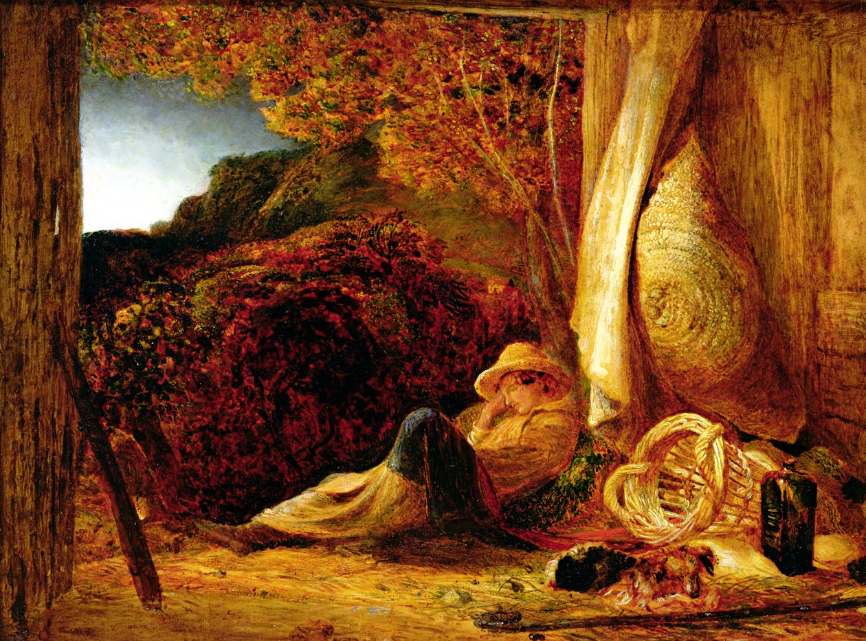 The Sleeping Shepherd, 1834 (tempera med oljeglasur på papir, lagt på panel) av Samuel Palmer