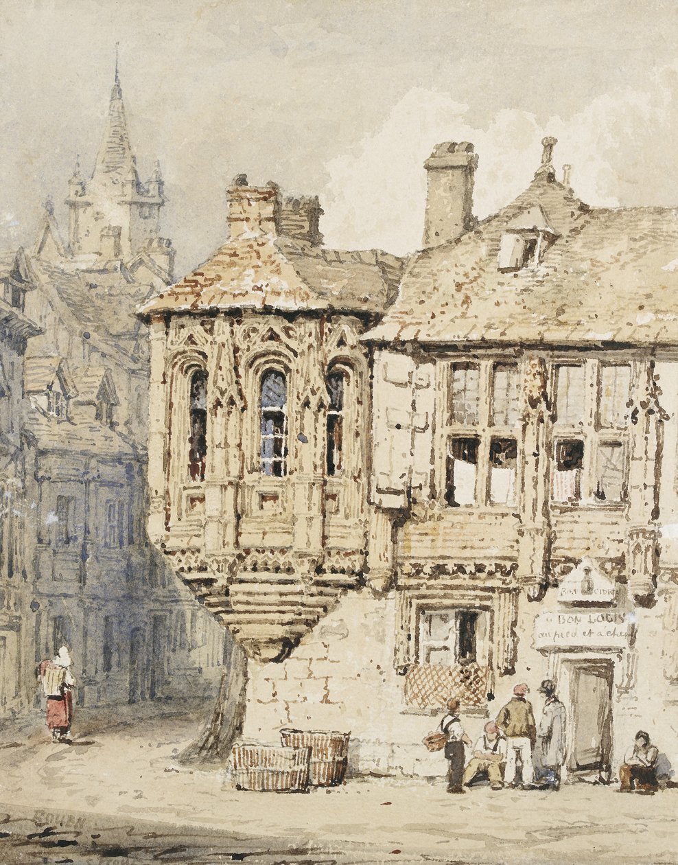Gatescene i Rouen (akvarell over grafitt, på papir) av Samuel Prout