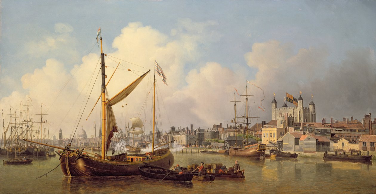 Themsen og Tower of London angivelig på kongens fødselsdag, 1771 av Samuel Scott