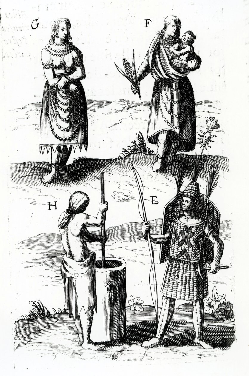 Illustrasjoner av Algonquin-kjole, gravering fra Voyages of Sieur de Champlain av Samuel de Champlain (ca 1574-1635), 1600-tallet av Samuel de Champlain
