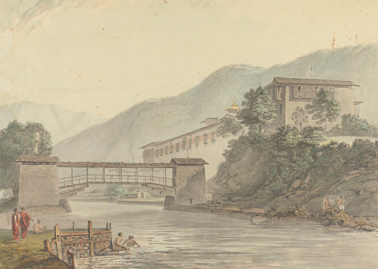 Utsikt over Tashichoedzong, Bhutan og Foot Bridge av Samuel Davis