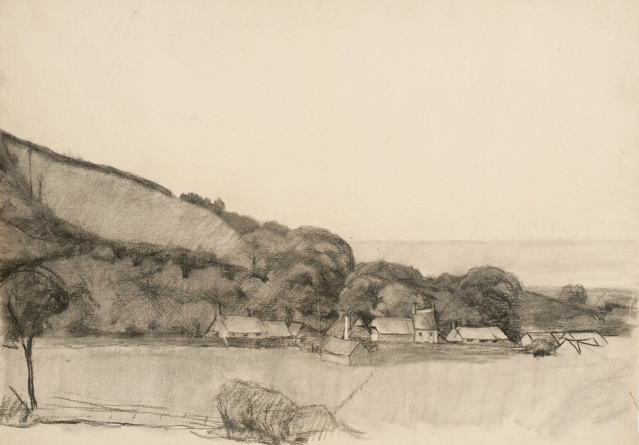 Landskap med driftsbygninger (kull på papir) av Samuel Isham